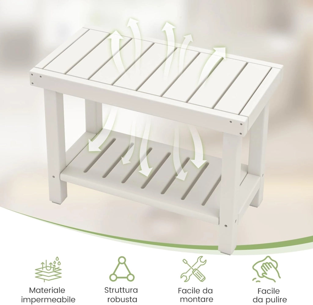 Sgabello da Doccia a 2 Livelli, Panca da Bagno Impermeabile con Piedini Antiscivoli, Design a Stecche, Sgabello Versatile con Carico 150 kg, 61 x 31 x 49 cm (Bianco)