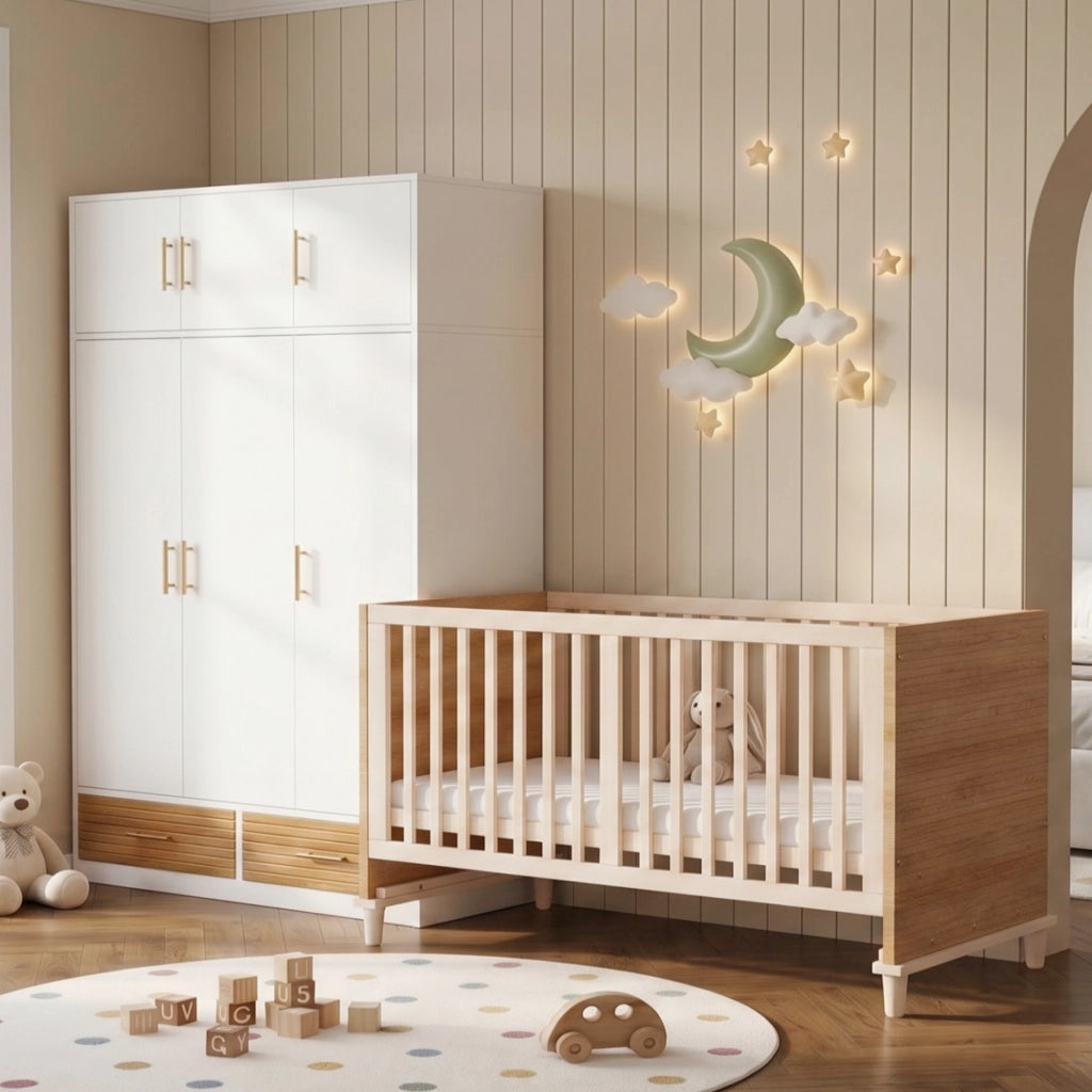 Set cameretta bebè con armadio 3 ante e lettino a sbarre, naturale, 120x50x180 cm + 70x140x87 cm