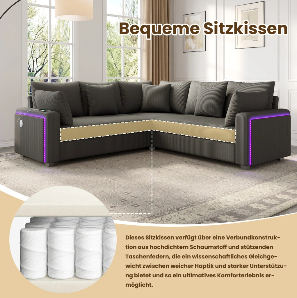 Divano angolare modulare con LED Bluetooth; USB e USB-C; in velluto a coste grigio; 198×198 cm