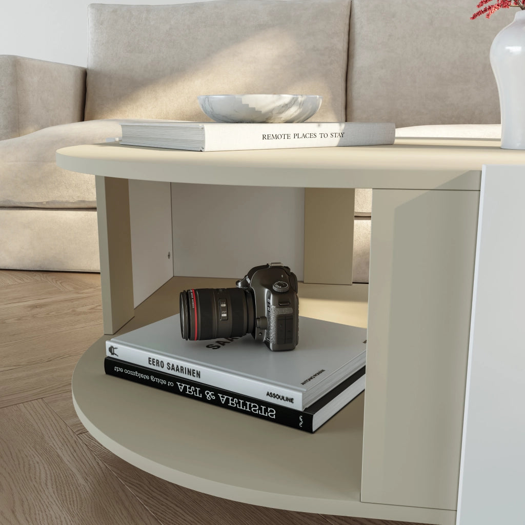 Tavolino Centrale da Salotto Klipsari con Piano Curvo 75 x 75 x 40 cm - Bianco / Color Avena Oatmeal [en.casa]