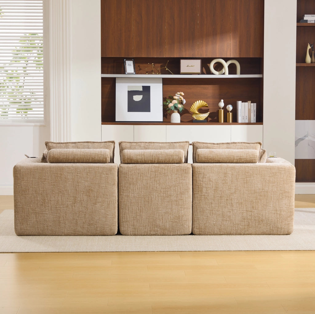 Divano modulare 3 posti con pouf 256x161x75 cm in ciniglia khaki con tasche laterali
