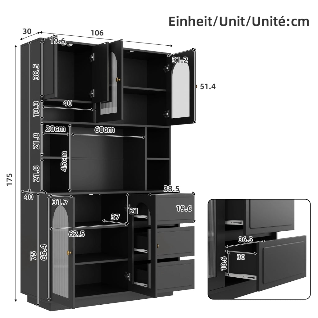 Credenza alta con ante ad arco in acrilico, LED APP e 3 cassetti, per cucina e soggiorno, nero 106 × 30 × 175 cm