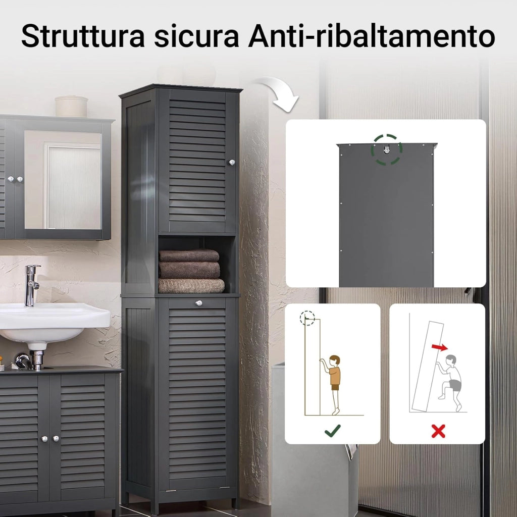 Mobile Bagno Colonna Salvaspazio con Portabiancheria Armadietto Alto e Stretto per Ambienti Compatti, Mobiletto con Ripiani, Mobile Multiuso Grigio 40x170x38 cm BZR124-DG