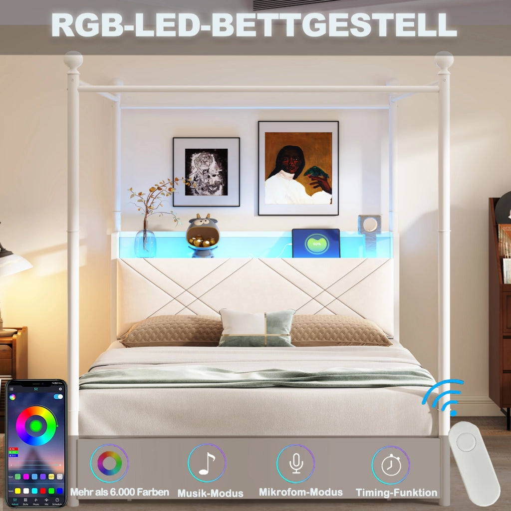 Letto contenitore 140 × 190 cm con baldacchino rimovibile, LED, USB e Type-C, senza materasso, bianco