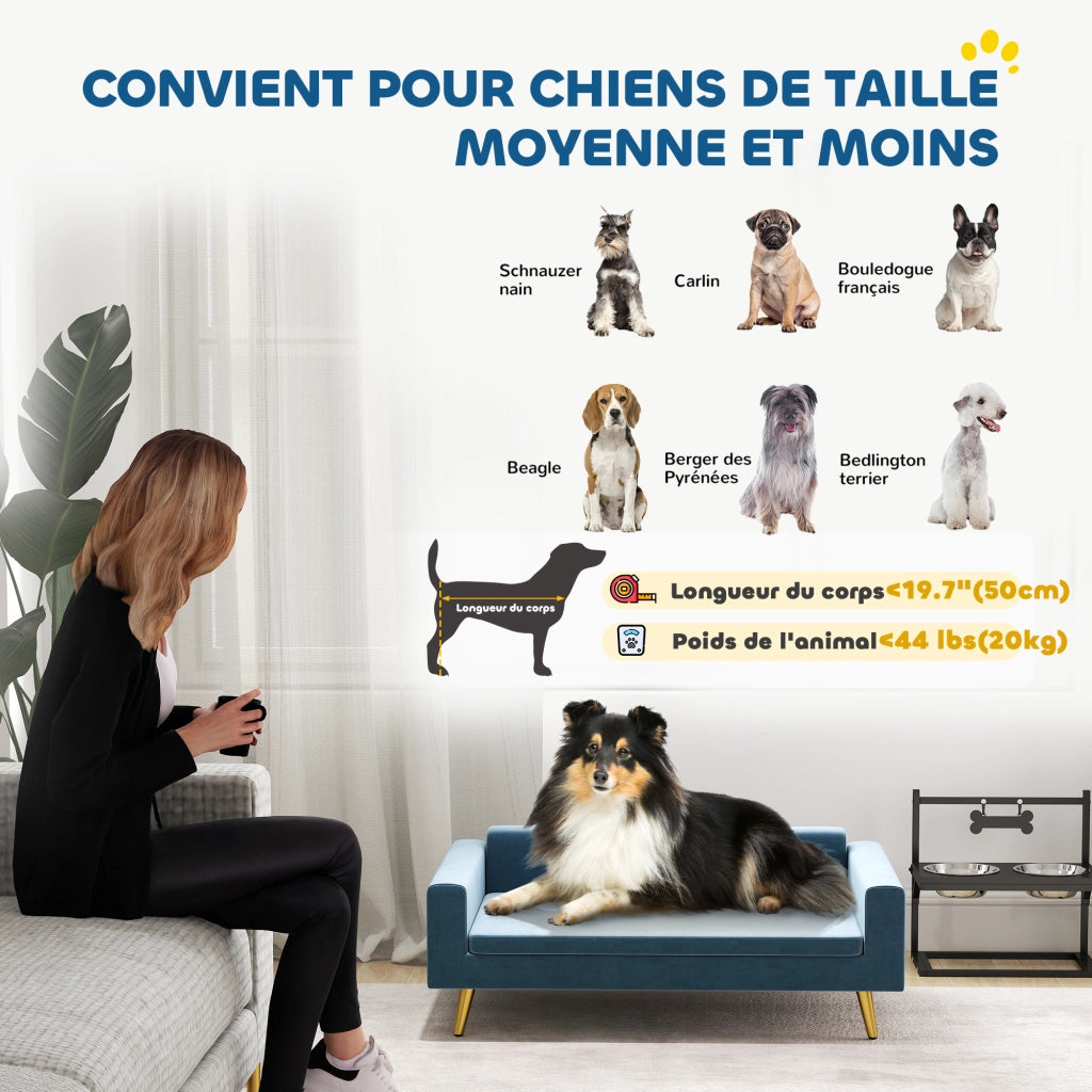 Letto per cani imbottito con cuscino ¨C Zephmum ¨C Blu velluto metallo dorato 94x60x32 cm