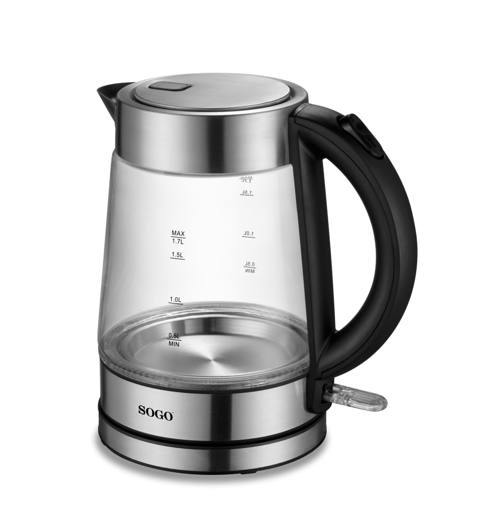 Bollitore elettrico vetro 1,7L senza fili, resistenza acciaio inox nascosta 2200W, spegnimento automatico - SOGO
