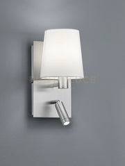 MARRIOT APPLIQUE LED 3,1W 310lm- 1, 3000K + 1 LUCE ATTACCO E14  ACCIAIO SATINATO CON  DOPPIA EMISSIONE PARALUME BIANCO E FARETTO LED OSRAM ORIENTABILE CON DOPPIO INTERRUTTORE E DOPPIA ACCENSIONE H. 30,8CM, D. 14CM