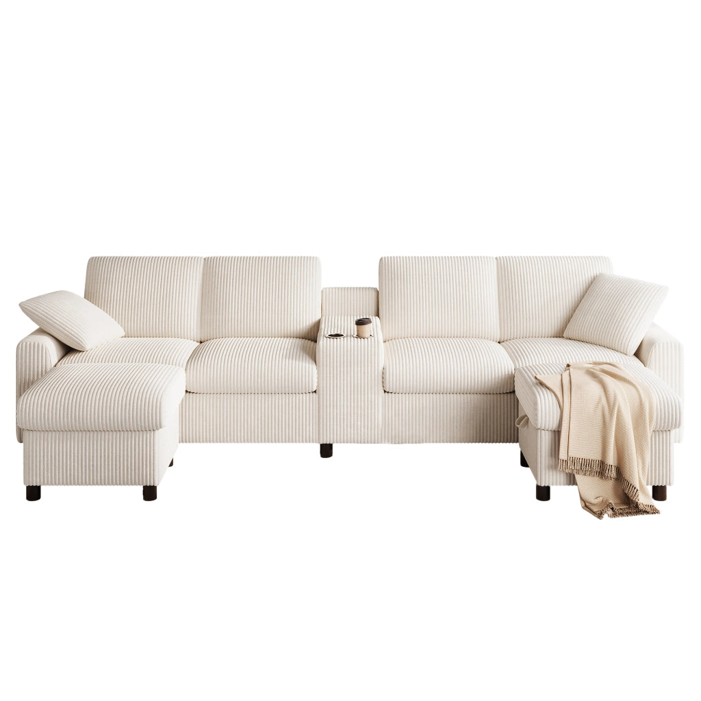 Divano U in tessuto boucl¨¦ beige con 2 pouf contenitore, tavolino laterale, porte USB e prese di corrente, 315¡Á135¡Á81 cm