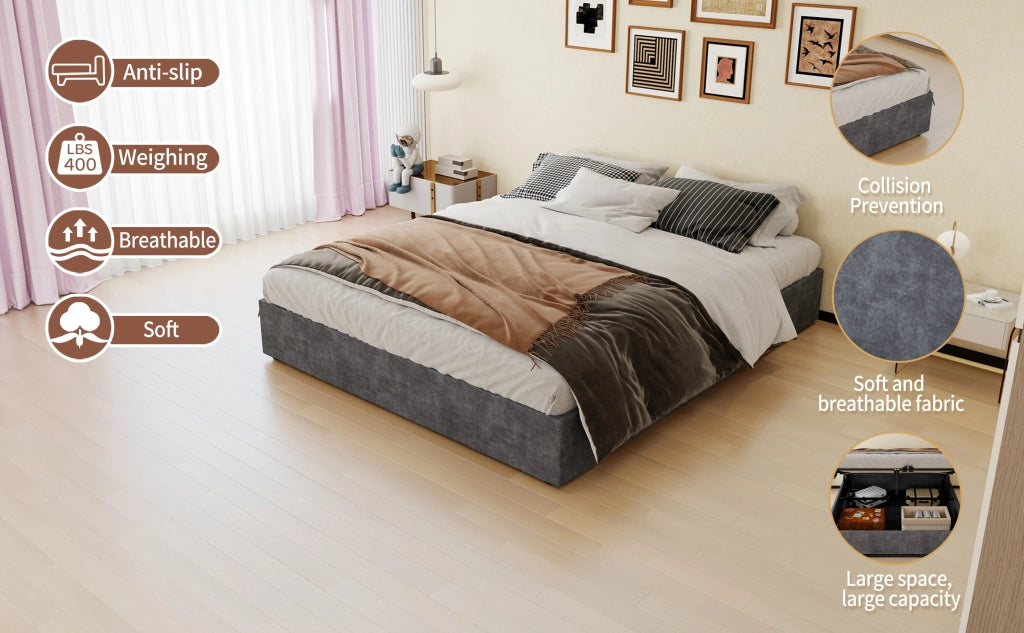 DESMIU Lit 160 × 200 cm 2 posti con testiera geometrica, senza materasso, in tessuto grigio e metallo