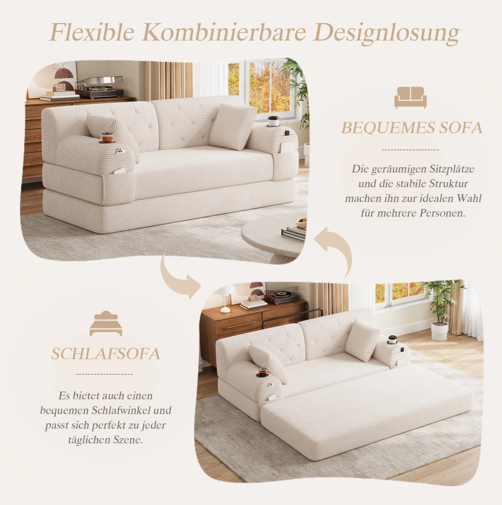 Divano letto in velluto a coste beige con tasche e portabicchieri