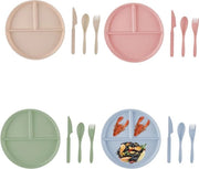 12 piatti condivisi a piatto piano, 22,8 cm, rotondi, piatti per bambini con 3 celle, piatti con suddivisione, 4 colori di piatti in plastica con forchette, coltelli e cucchiai per adulti e bambini