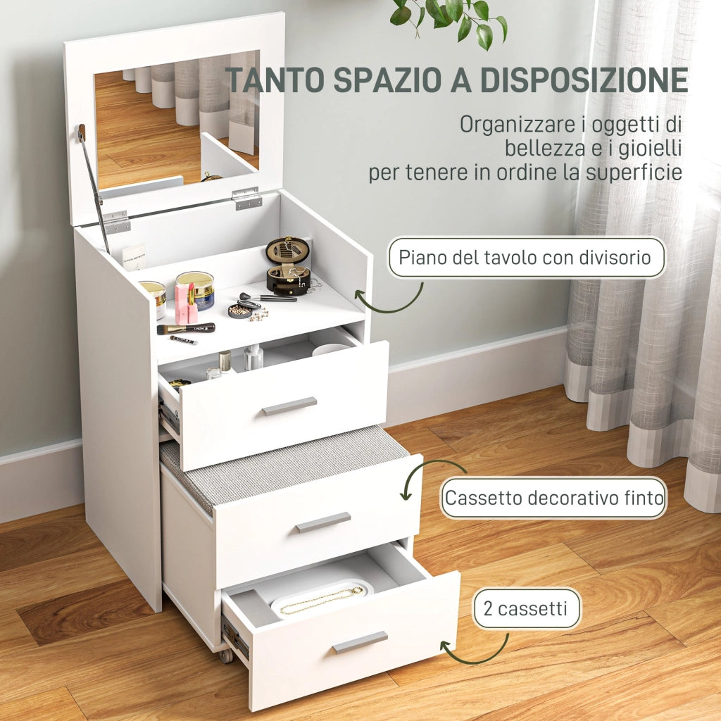 Consolle Trucco 50x40x113,5 cm con Specchio Ribaltabile 2 Cassetti e Sgabello a Scomparsa in Legno Bianco