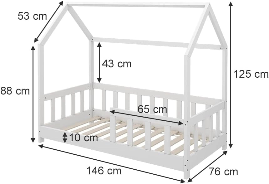 Letto montessori bambini Michelle, Bianco, 70x140 cm con protezione anticaduta, adatto per materassi 70x140 cm, combinabile con accessori