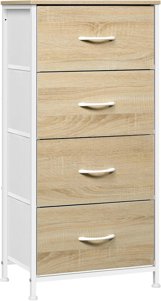 Cassettiera, 4 Cassetti in Tessuto, Armadio di Stoccaggio per Camera da Letto Corridoio Soggiorno, Struttura in Acciaio, E1 Piano Legno, Bianco