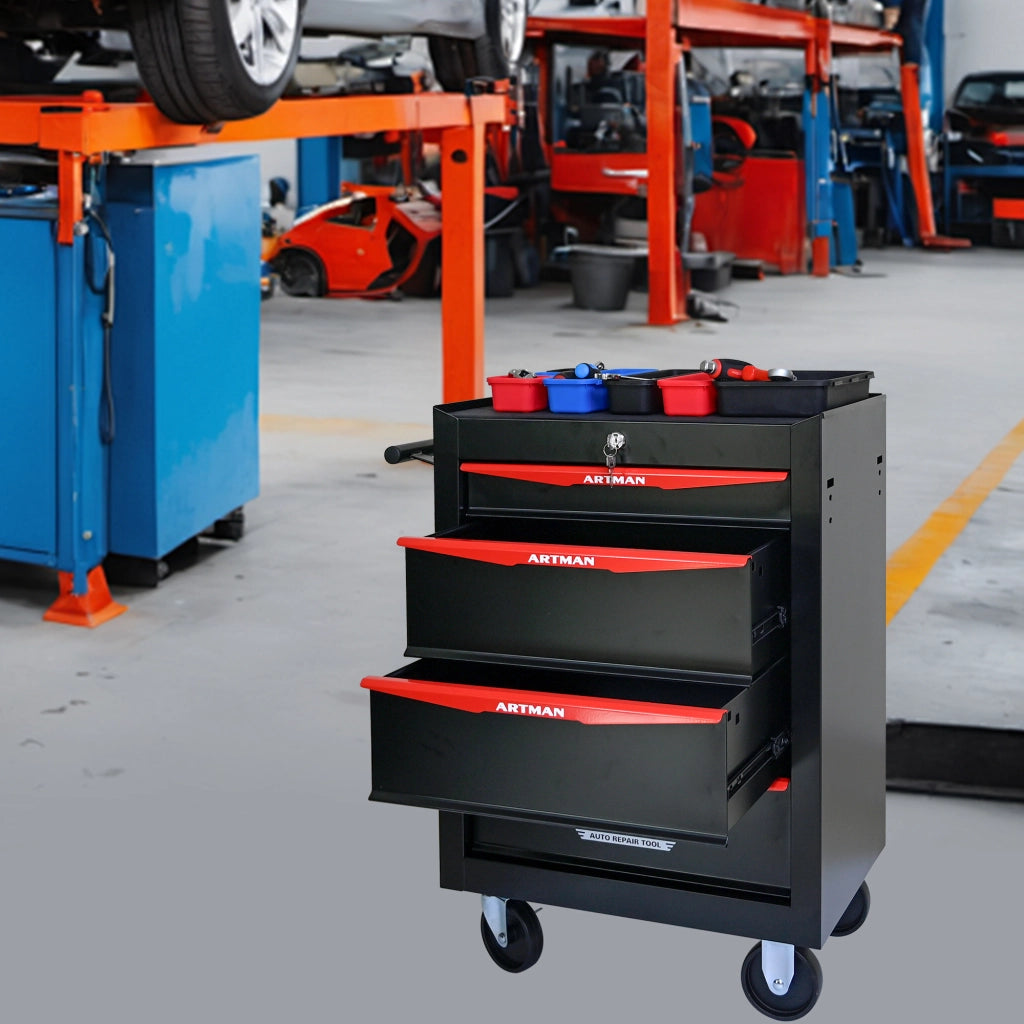 Carrello portautensili con 4 cassetti, serratura e ruote piroettanti, per garage, in acciaio, nero rosso