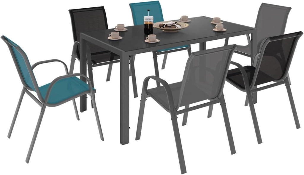 Set di mobili da Giardino Madrid Tavolo 150 CM e 6 sedie impilabili Colore Misto Grigio, Nero e Blu