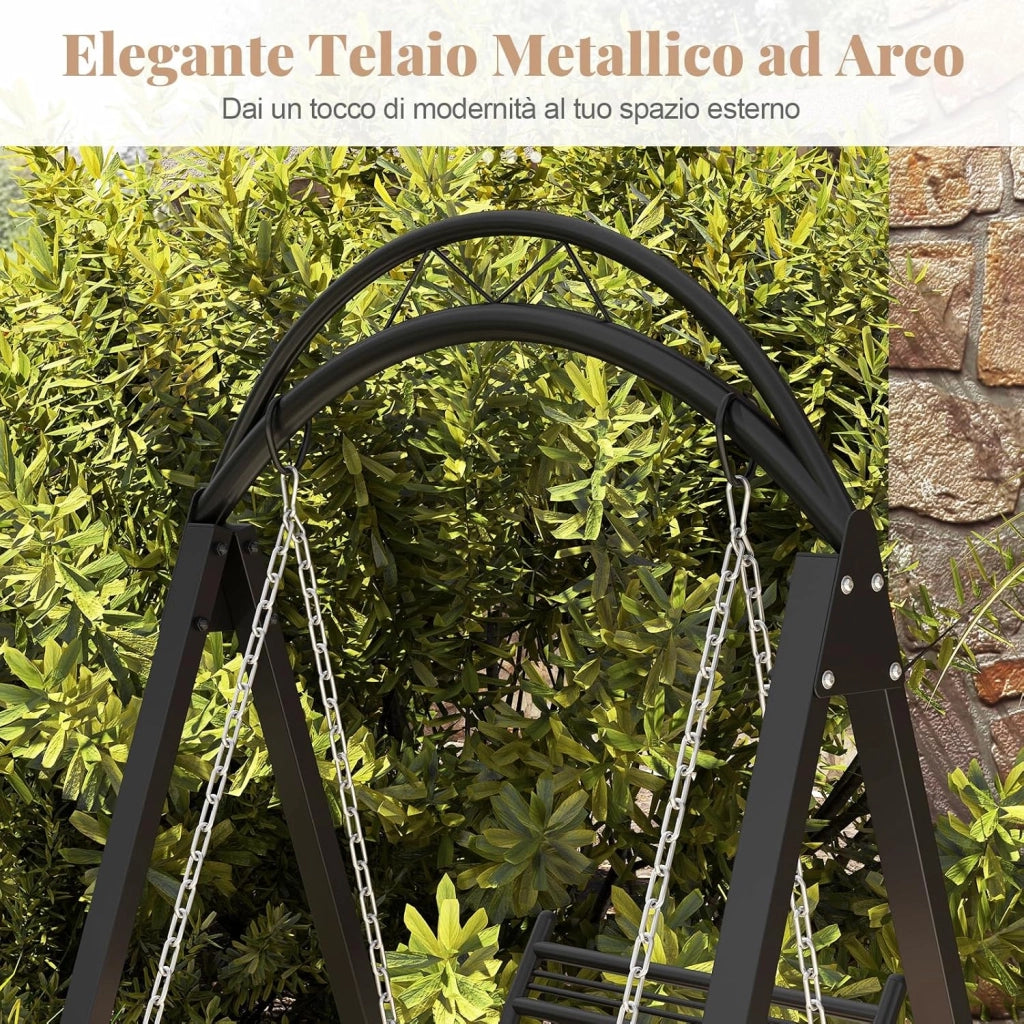 Sedia Sospesa da Esterno, Sedia a Dondolo Singola con Cuscini Removibili e Tavolini Laterali per Giardino, Portata 160 kg, Altalena con Supporto da Esterno ed Interno (Nero)