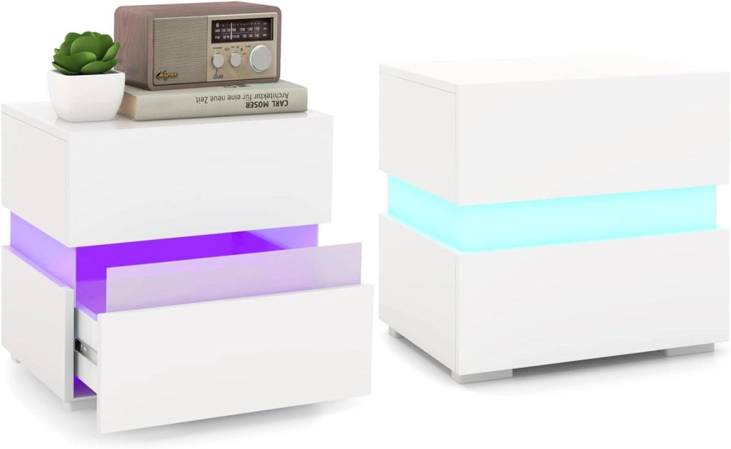 Tavolino a LED, Tavolino con Cassetto, Telecomando, 22 Modalità di Luce, 10 Velocità e 5 Luminosità, Comodino Moderno da Salotto e Camera da Letto (2, Bianco)