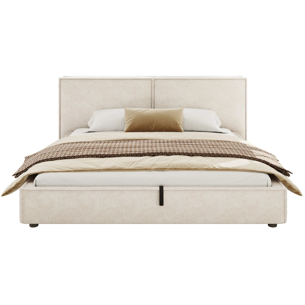 Letto matrimoniale 180x200 cm con contenitore idraulico; testiera imbottita in chenille beige