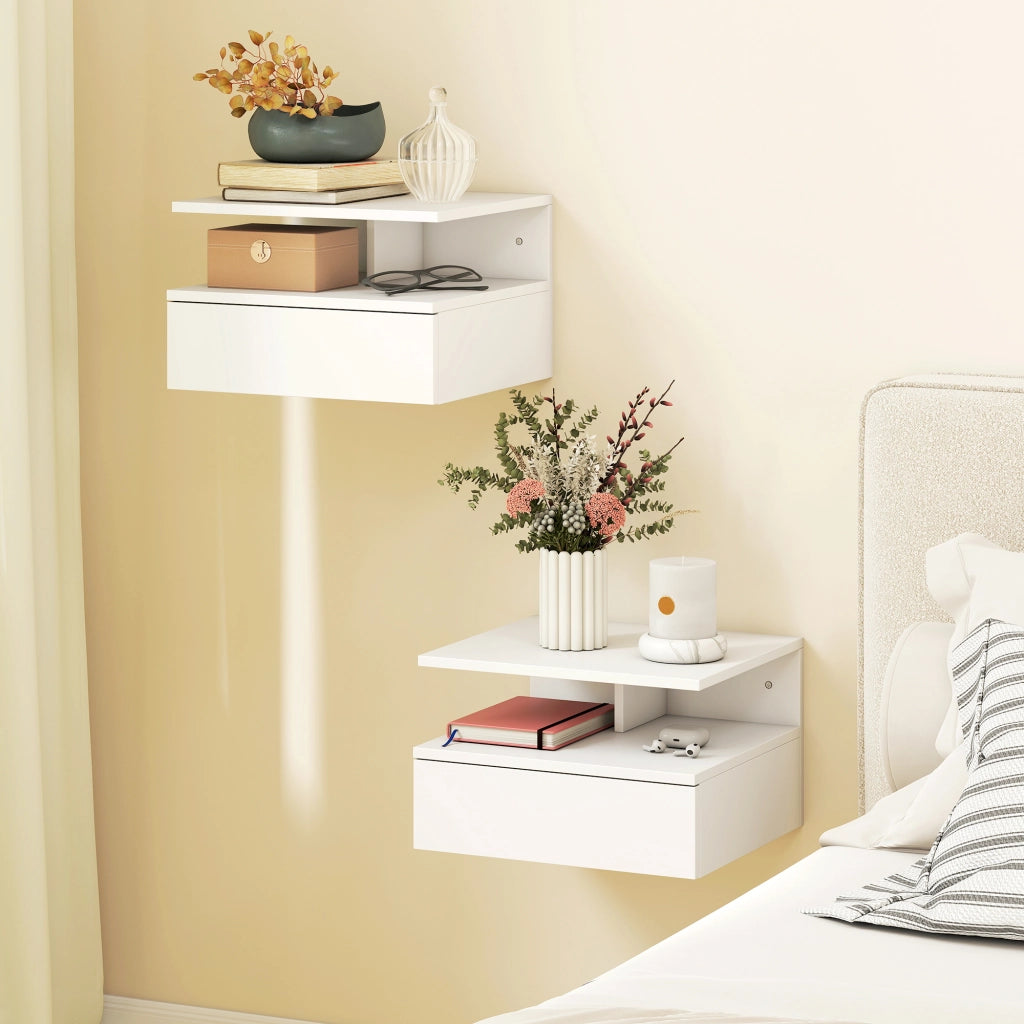 Set di 2 Comodini Sospesi con Cassetto e Mensola Aperta, 35x32x22.5 cm, Bianco