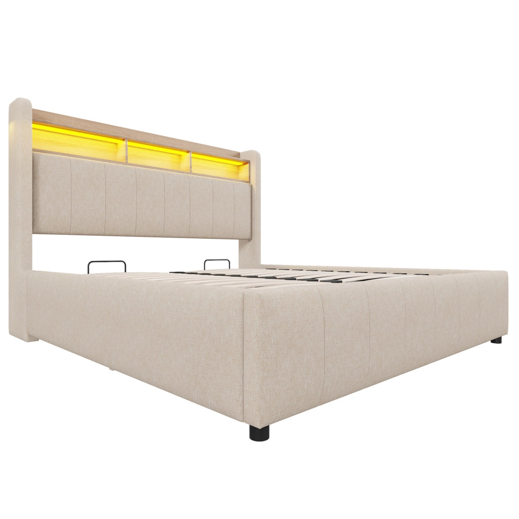 Letto imbottito 140x200 cm con LED, USB e contenitore idraulico