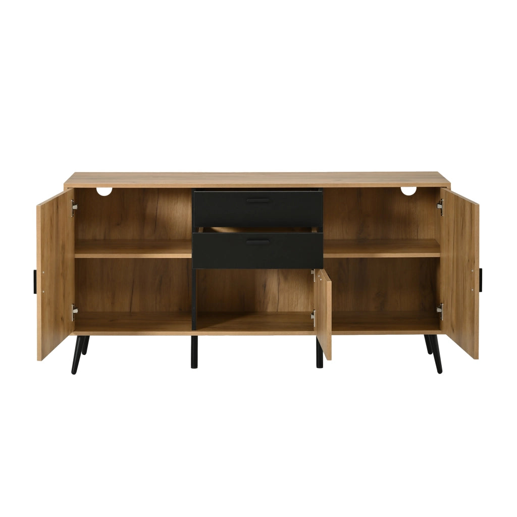 Credenza, mobile per la camera da letto, 2 cassetti, 3 ante, 140 x 35 x 67 cm, nero e naturale