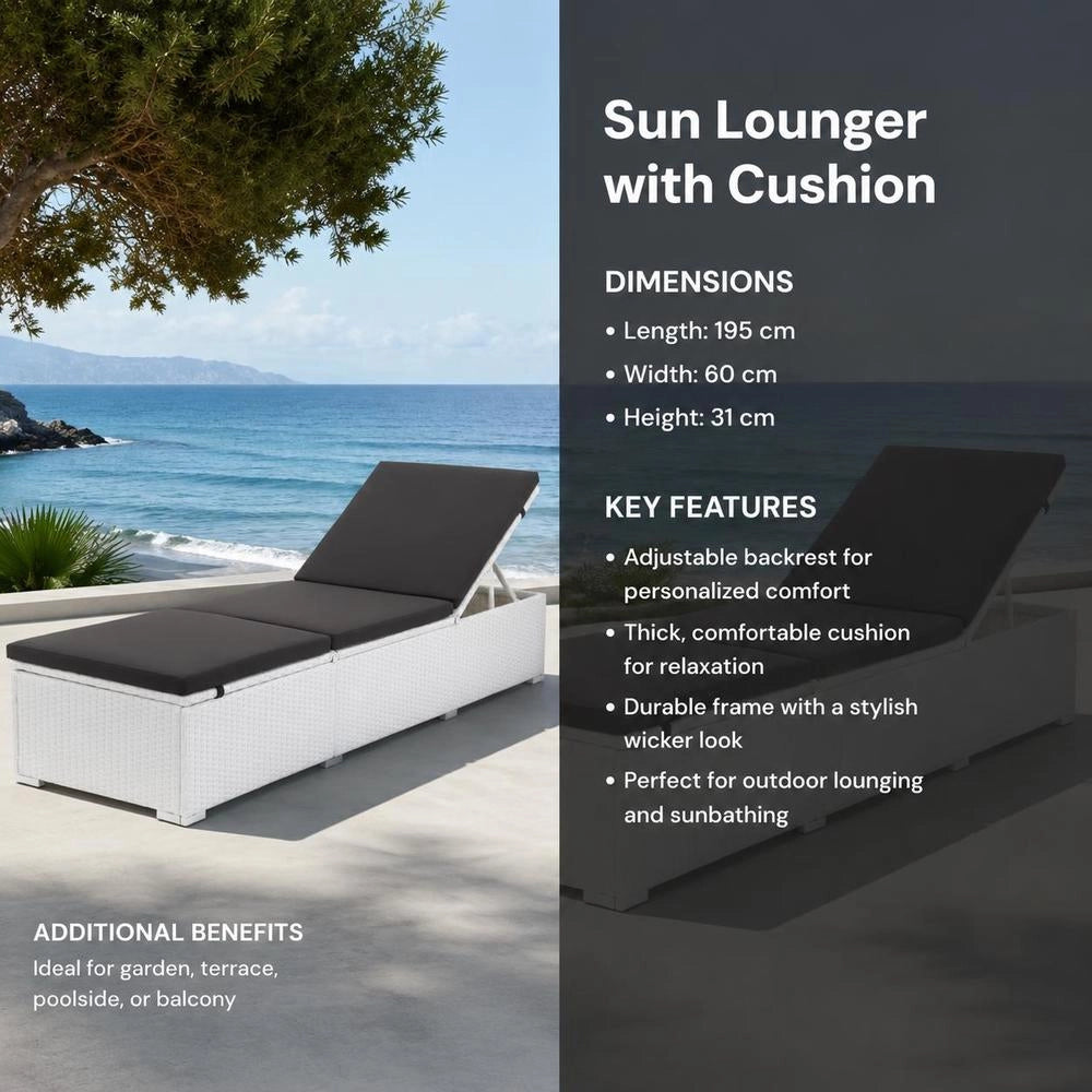 Sun Lounger With Cushion, Poly Rattan, White