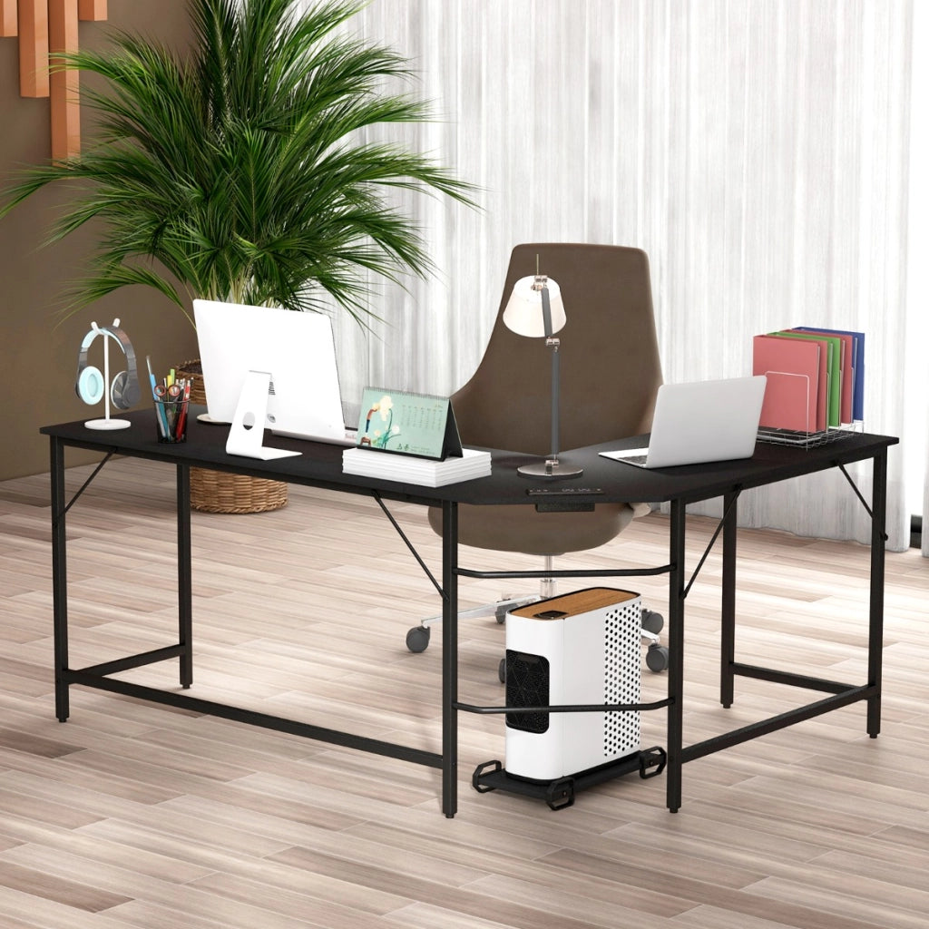 Scrivania ad angolo a L con presa di corrente, Scrivania per computer da 168cm con supporto CPU e telaio in metallo Nero-Scrivanie