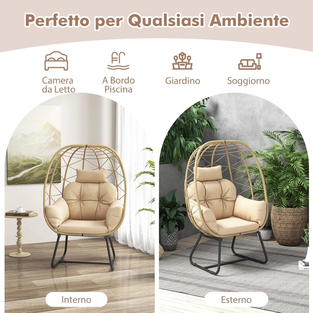 Poltrona in Rattan da Giardino, Sedia a Nido con Cuscino Rimovibile, Supporto in Metallo, Sedia a Uovo da Interni ed Esterni, Portata 150 kg, 100 x 76 x 145 cm (Beige)