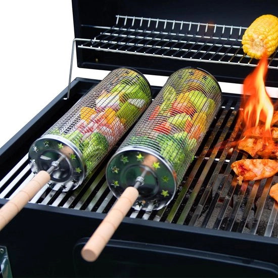 Set di 2 Grill a Rotazione per BBQ - Ideale per Verdure, Gamberi e Pollo