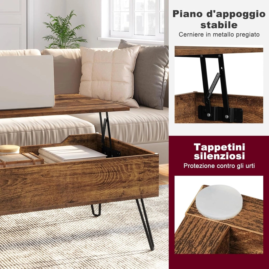 WOLTU Tavolino da Salotto, Tavolino da Caffè Sollevabile, Tavolino da Divano con Scomparto Nascosto, Stile Industriale, 95x50x(40-55,5) cm, Legno Marrone Vintage + Metallo Nero, BTS18hov