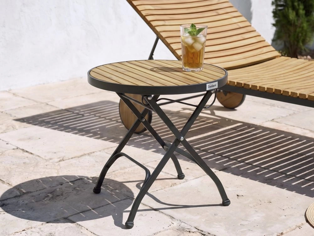 Tavolino da bistrot da giardino marrone chiaro in legno di acacia con struttura in acciaio rotondo relax patio