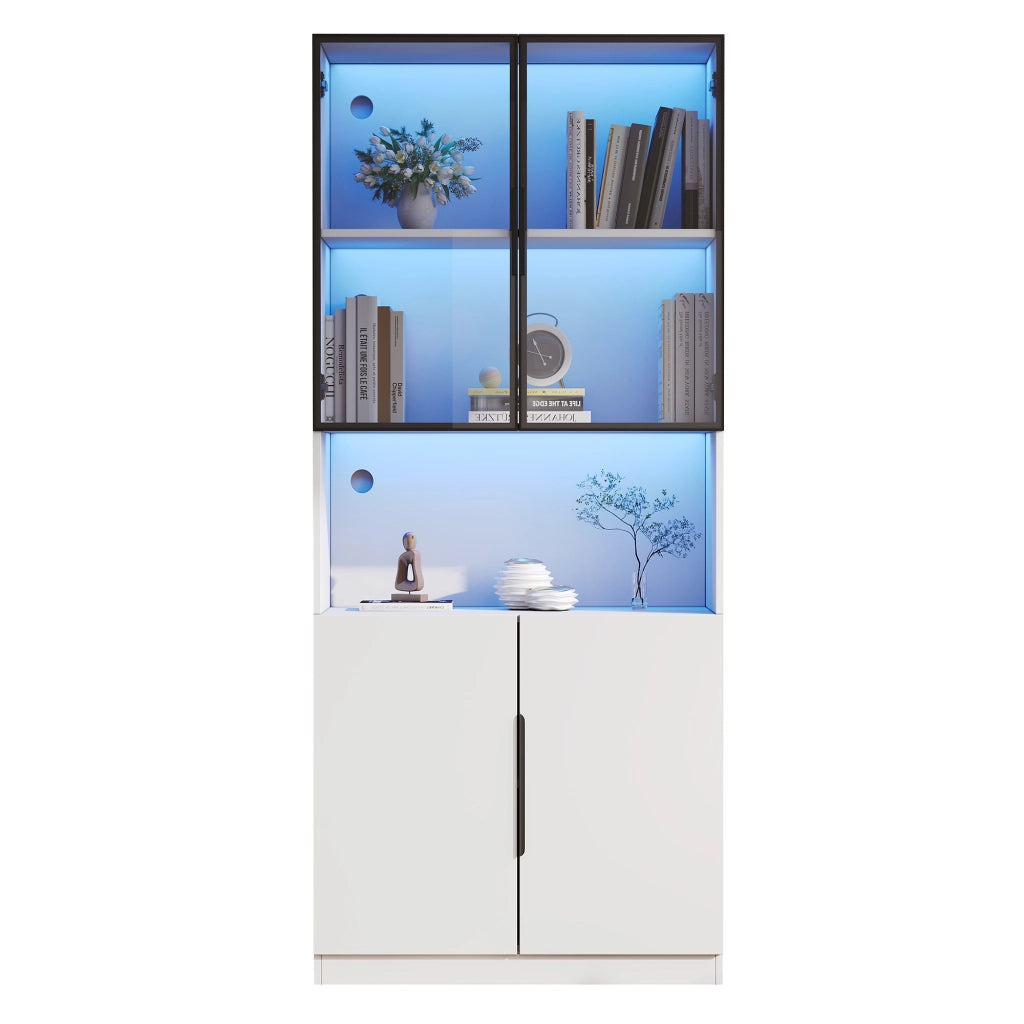 Vetrina con ante in vetro e LED, 1 ripiano regolabile e vano aperto, per soggiorno, bianco, 80 × 30 × 200 cm