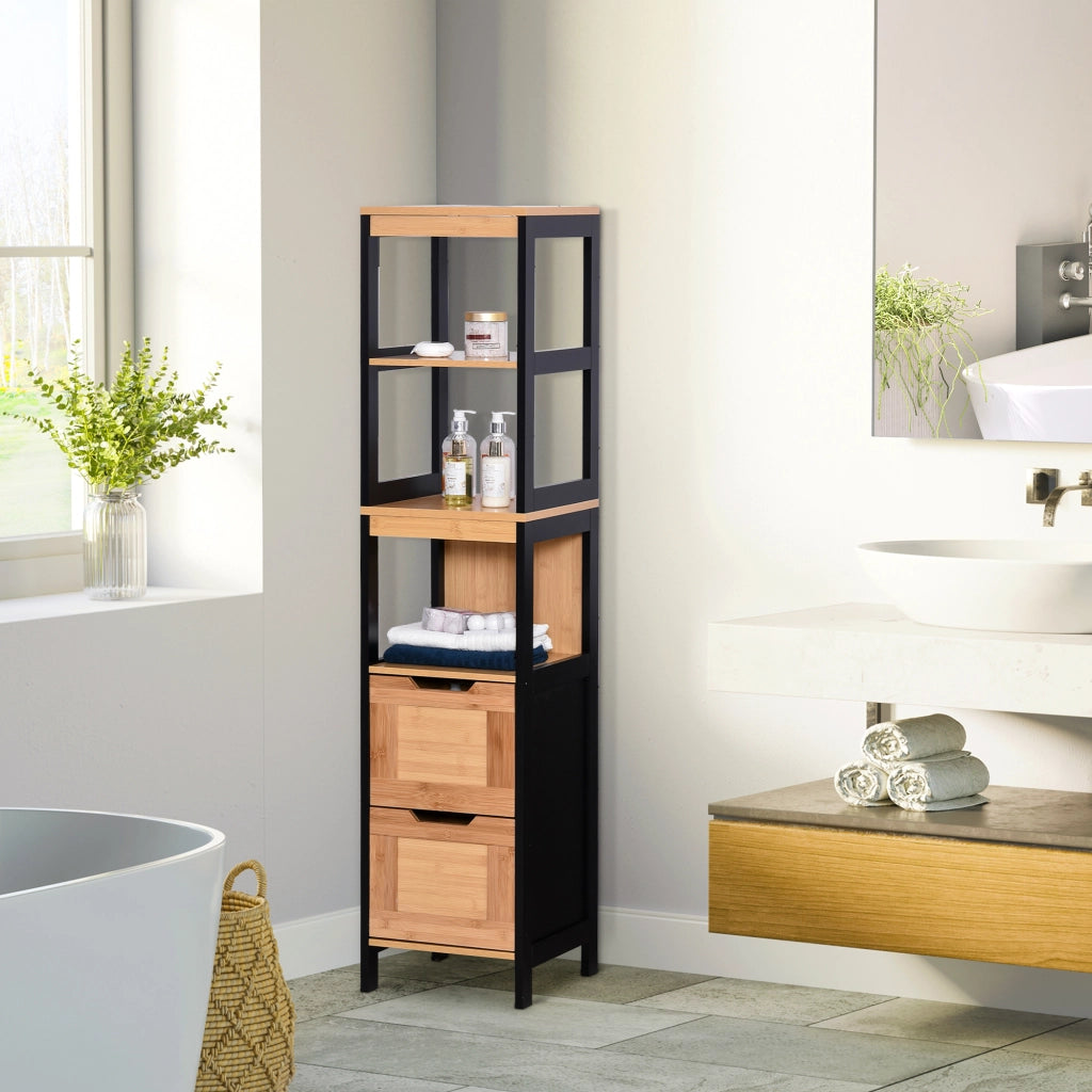 Colonna Bagno con 2 Cassetti e 3 Vani Aperti in Legno MDF e Bamb¨´ 30x30x144.3 cm