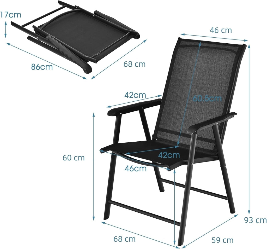 Set di 2 Sedie da Giardino Pieghevoli con Schienale Alto, Sedie da Esterno in Tessuto e Metallo, Carico 150 kg, Poltrona da Balcone, Terrazza, Sala da Pranzo, Cortile (Nero)