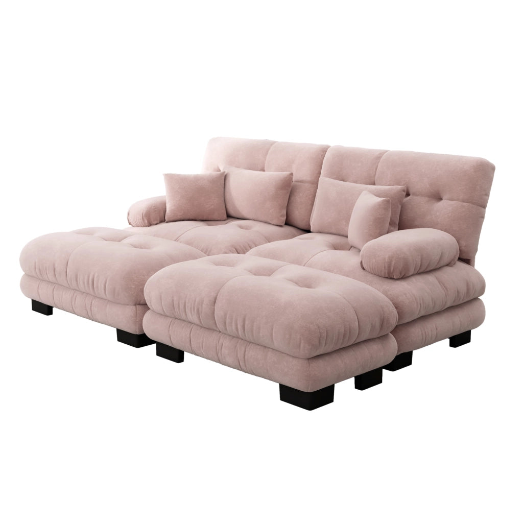 Divano modulare in chenille rosa con 2 pouf; 2 cuscini lombari e 2 cuscini decorativi