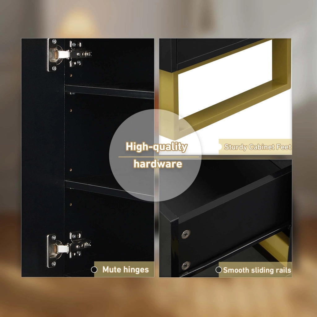 Mobile Porta Scarpe con 2 Ante e 1 Cassetto; Panca Porta Scarpe con Cuscino; Finitura Lucida; in MDF; Nero; 120×35×85 cm
