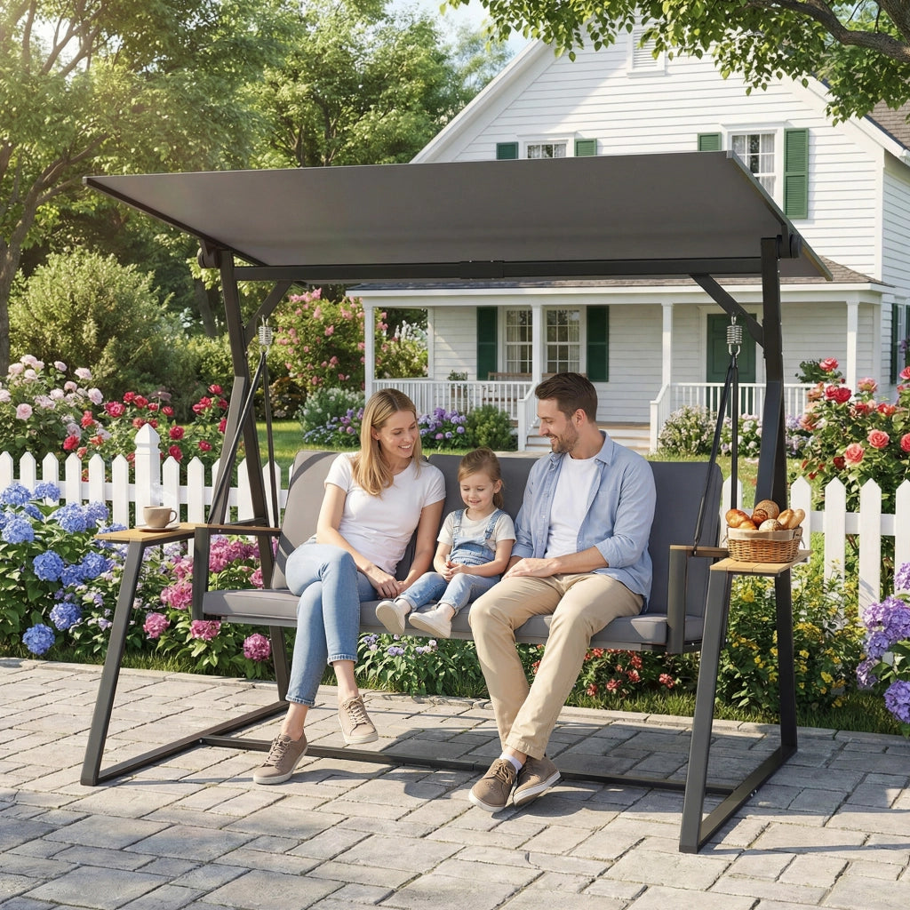 Altalena da giardino 3 posti con tetto regolabile e cuscini ¨C zephmum ¨C grigio metallo 360kg