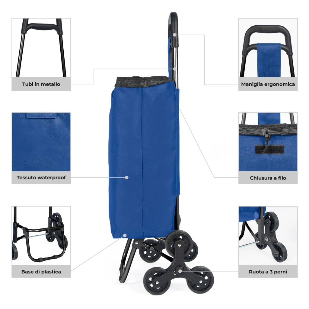 Carrello Spesa Saliscale 6 Ruote Pieghevole con Borsa Impermeabile, Porta Spesa per Scale Supermercato e Casa, Struttura in Acciaio – Il Gruppone   Blu