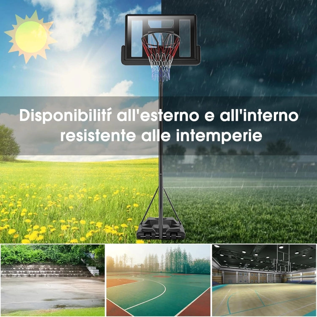 Canestro da Basket Portatile e Regolabile 180-305 cm, Canestro da Basket da Esterno ed Interno con Tabellone Resistente, Rete di Nylon e Base Riempibile, Ideale per Adolescenti e Adulti