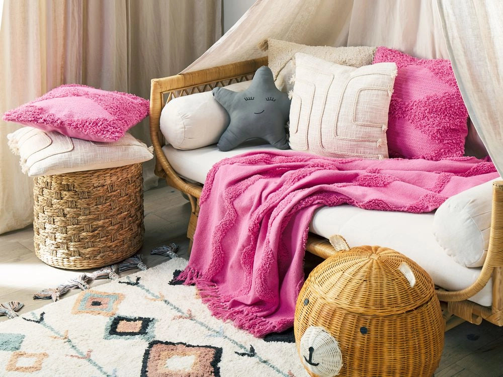 Coperta in cotone rosa con frange e motivo geometrico 125 x 150 cm stile boho soggiorno camera da letto accessorio divano