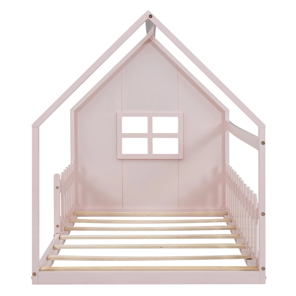 Letto a forma di casa rosa in pino e MDF 90x200 cm