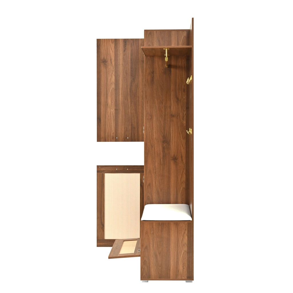 Mobile d'Ingresso con 3 Ante; Specchio; Panca e LED 16 Colori; Stile Moderno; in MDF; Noce/Bianco; 110??38??190 cm
