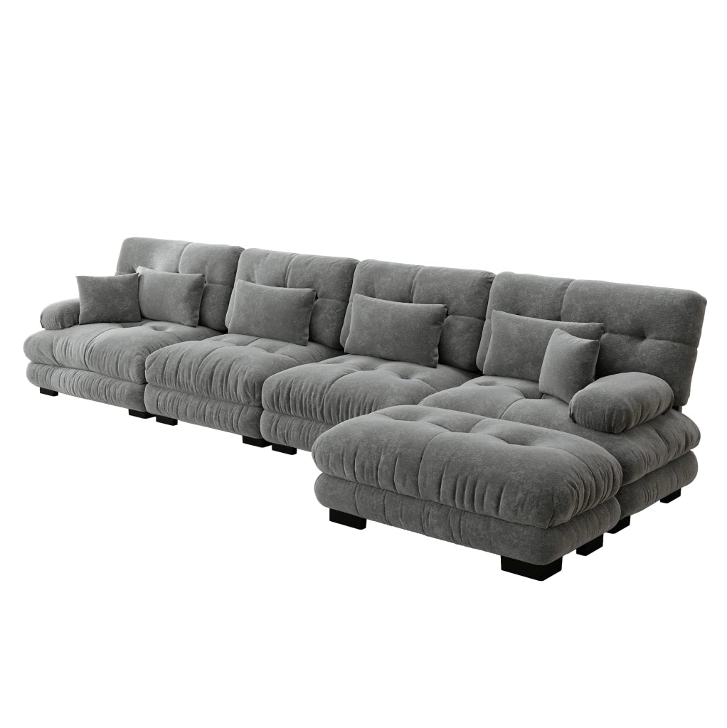 Divano modulare angolare in chenille grigia con ottomane mobili; 406x145x81 cm