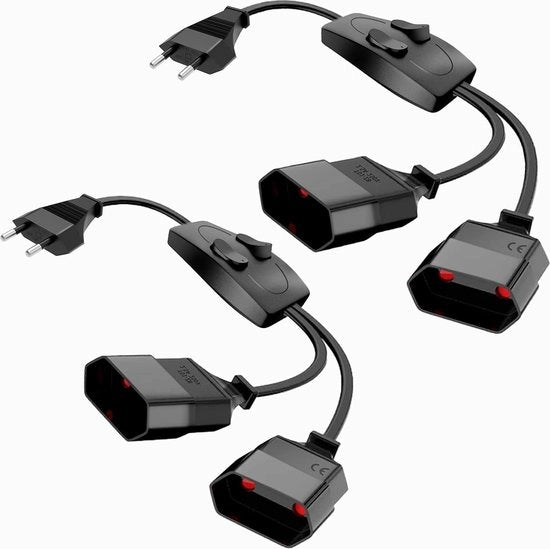 Cavo di estensione con interruttore - 075 mm² cavo di alimentazione - Tipo C stekker Euro - Massimo 250 V / 8 A - TV PC monitor lampade - 2 pezzi - Nero