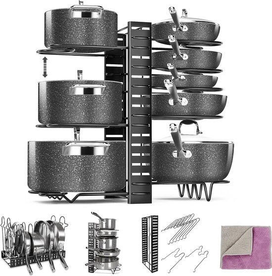 Organizzatore di Pentole, 8 Livelli di Racks per Pentole e Padelle per Cucina, 1 Asciugamano per la Pulizia.