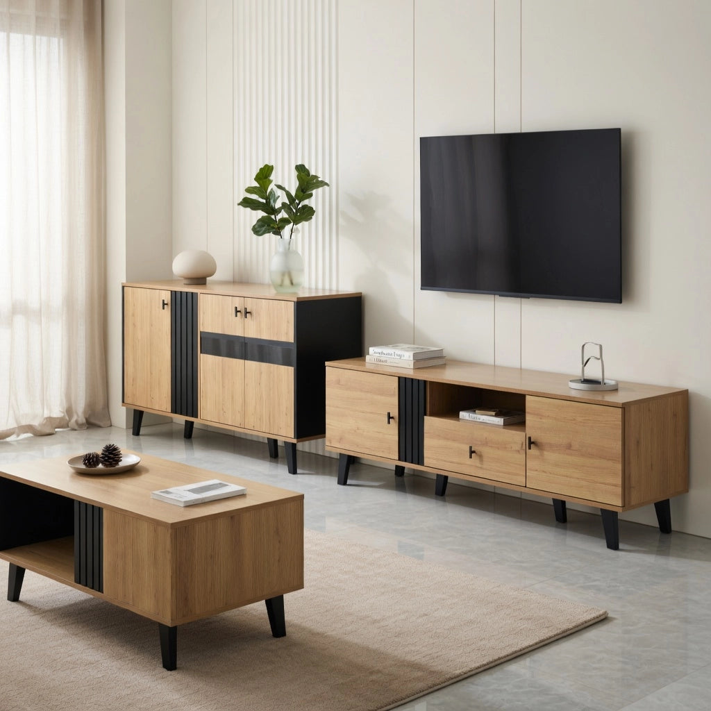 Cassettiera per TV Natural 170 cm in truciolare e vetro
