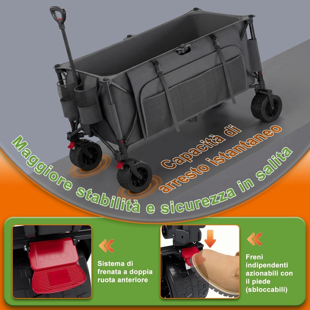 260L carrello spiaggia Massimo 200kg carrello con ruote portatutto grandi,carrellos pieghevole Con Braccioli Regolabili e Tasche Laterali per Giardino Campeggio Ogni Tipo di Terreno, Grigio