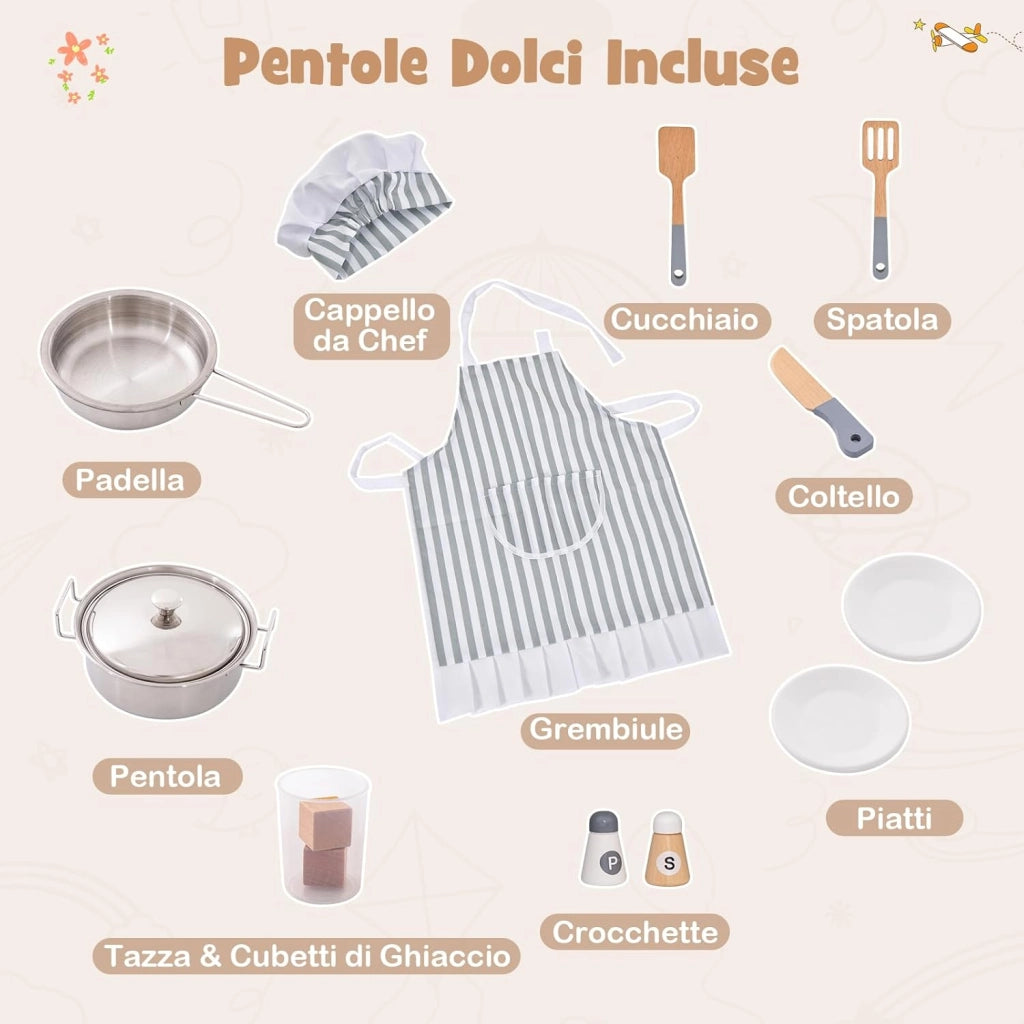 Cucina Giocattolo in Legno per Bambini, Set Cucina Giocattolo con Macchina di Ghiaccio, Microonde, Forno, Lavello, Lavatrice e Accessori, Effetti Sonori e Luminosi per Bambini 3 Anni+