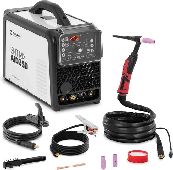 Apparecchio per saldatura TIG - AC/DC - 250 A - Durata di accensione 60% - 2T/4T - MMA - con maschera